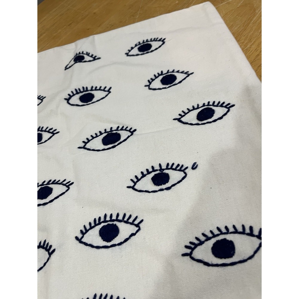 Urban Outfitters Embroidered Eye‎ Throw Pillow Cover Blue Cream 18x18" - Picture 3 of 5